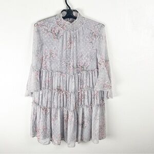 STORIA Chiffon Cherry Blossom Swing High Neck Bell Sleeve Tiered Dress Small
